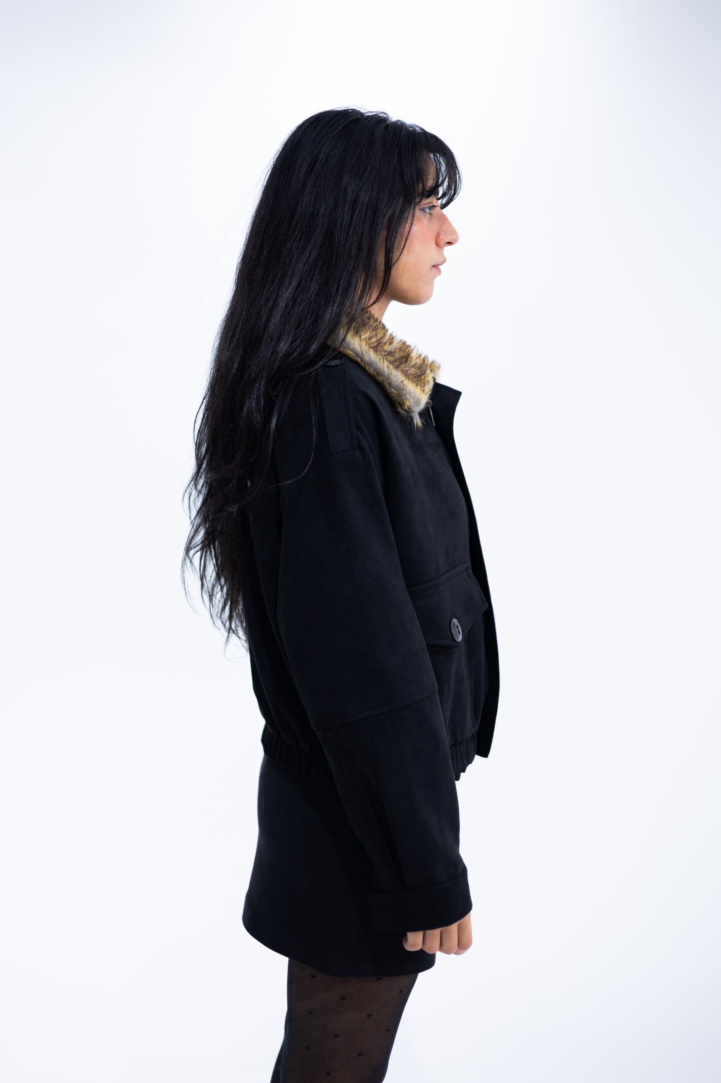 Cropped Suede Jacket with Faux Fur Collar