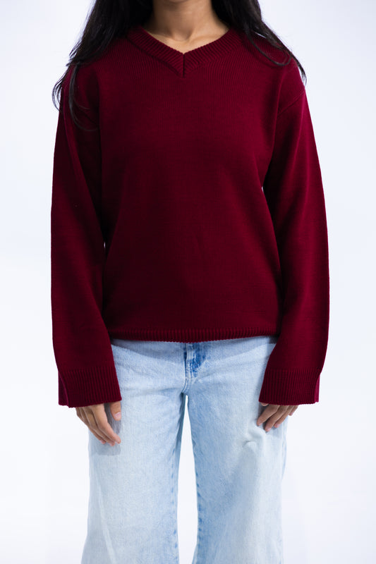 Burgundy V-Neck Knit Pullover