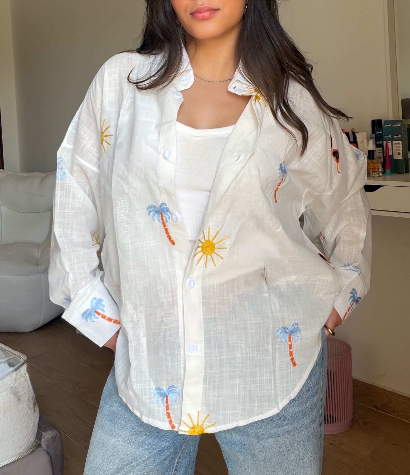 Sun & Palm Embroidered Linen Shirt