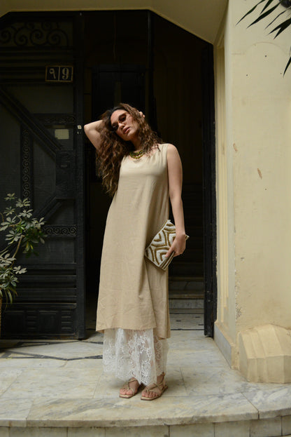 Beige Linen & Lace Layered Midi Dress