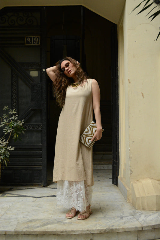 Beige Linen & Lace Layered Midi Dress