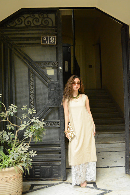 Beige Linen & Lace Layered Midi Dress