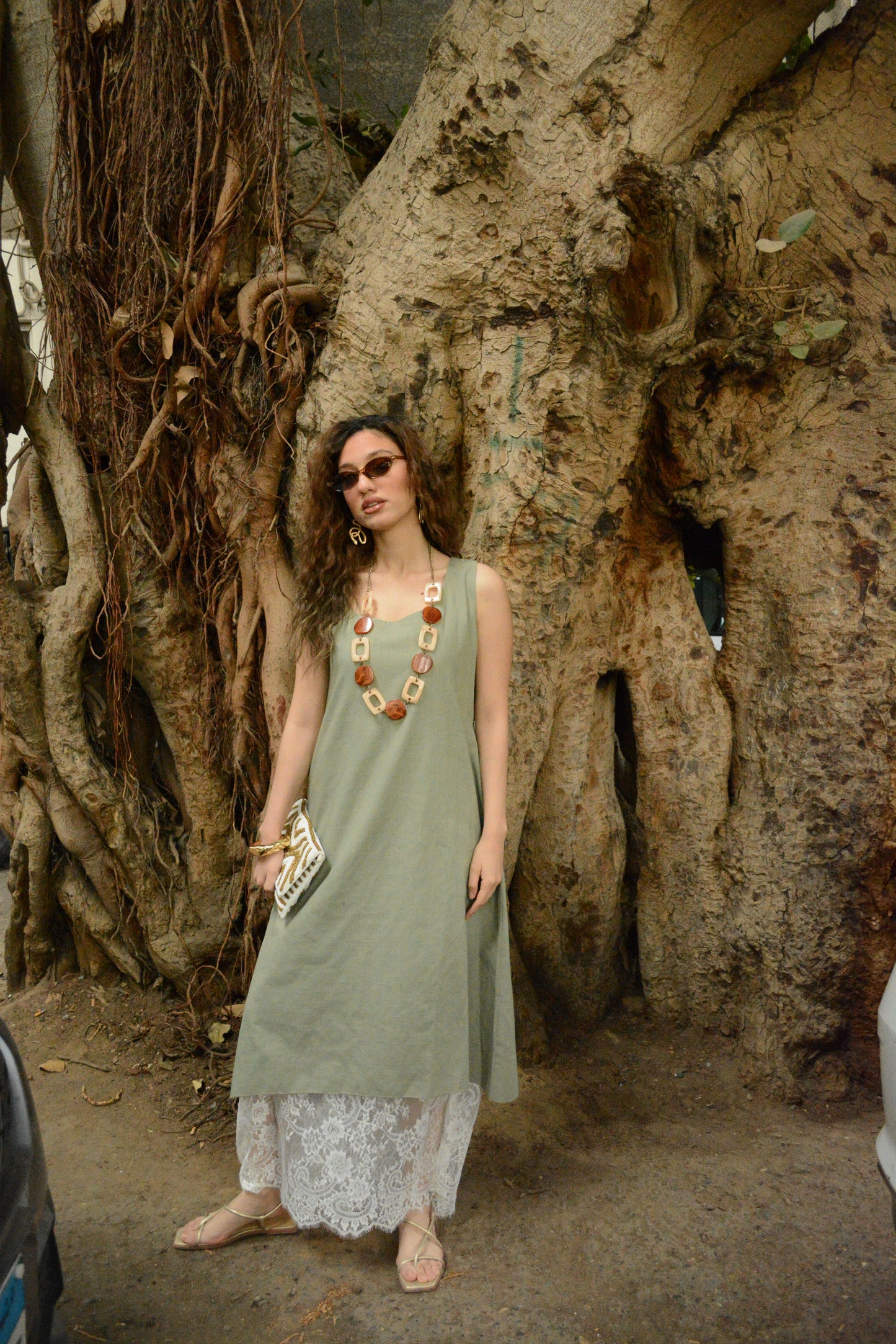 Sage Linen & Lace Layered Midi Dress