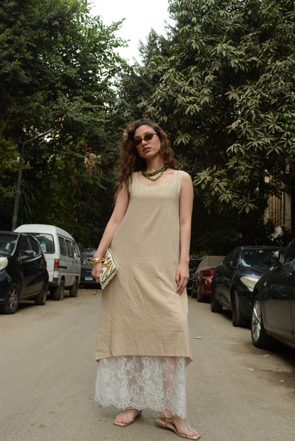 Beige Linen & Lace Layered Midi Dress
