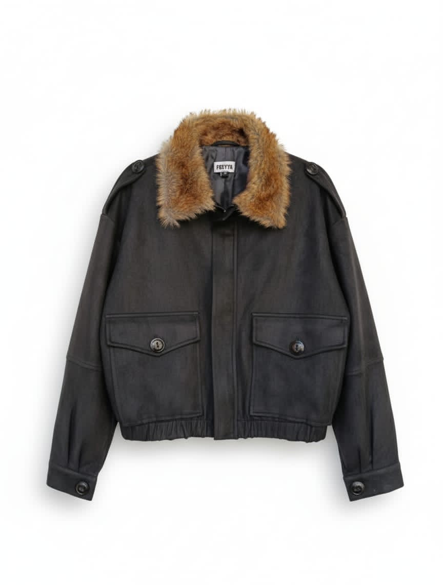 Cropped Suede Jacket with Faux Fur Collar