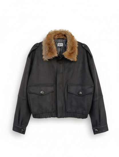 Cropped Suede Jacket with Faux Fur Collar