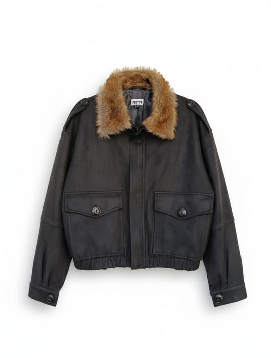Cropped Suede Jacket with Faux Fur Collar