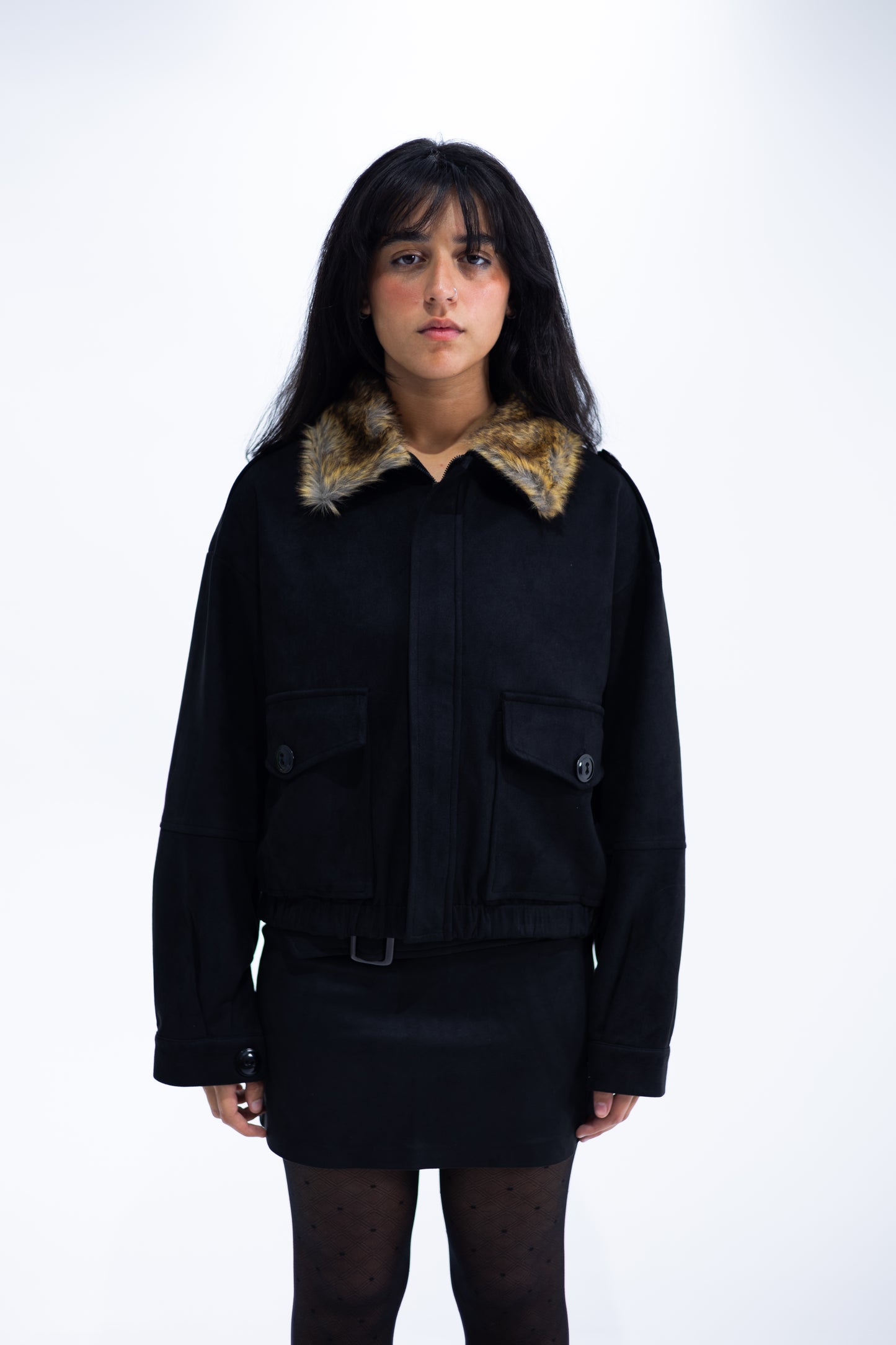 Cropped Suede Jacket with Faux Fur Collar