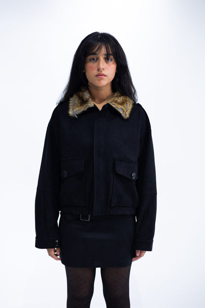 Cropped Suede Jacket with Faux Fur Collar