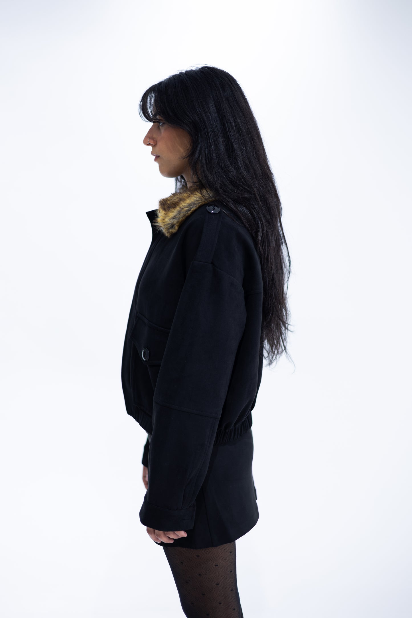 Cropped Suede Jacket with Faux Fur Collar