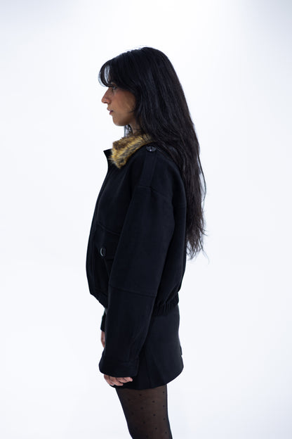 Cropped Suede Jacket with Faux Fur Collar