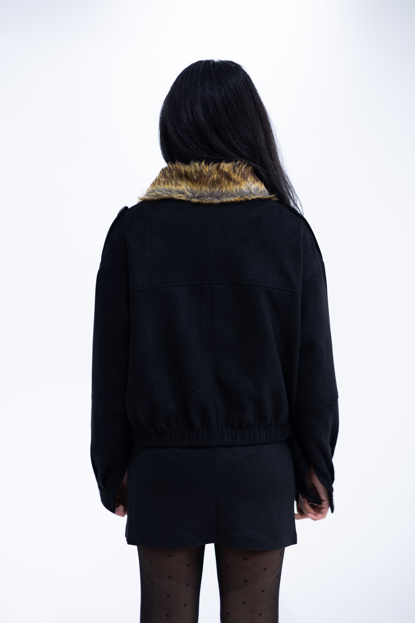 Cropped Suede Jacket with Faux Fur Collar