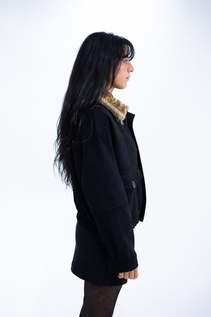 Cropped Suede Jacket with Faux Fur Collar