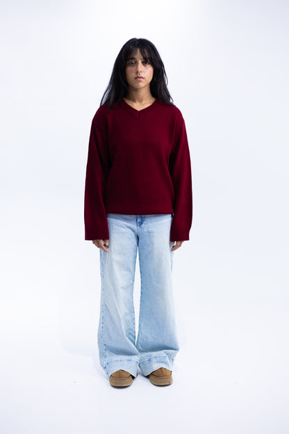 Burgundy V-Neck Knit Pullover