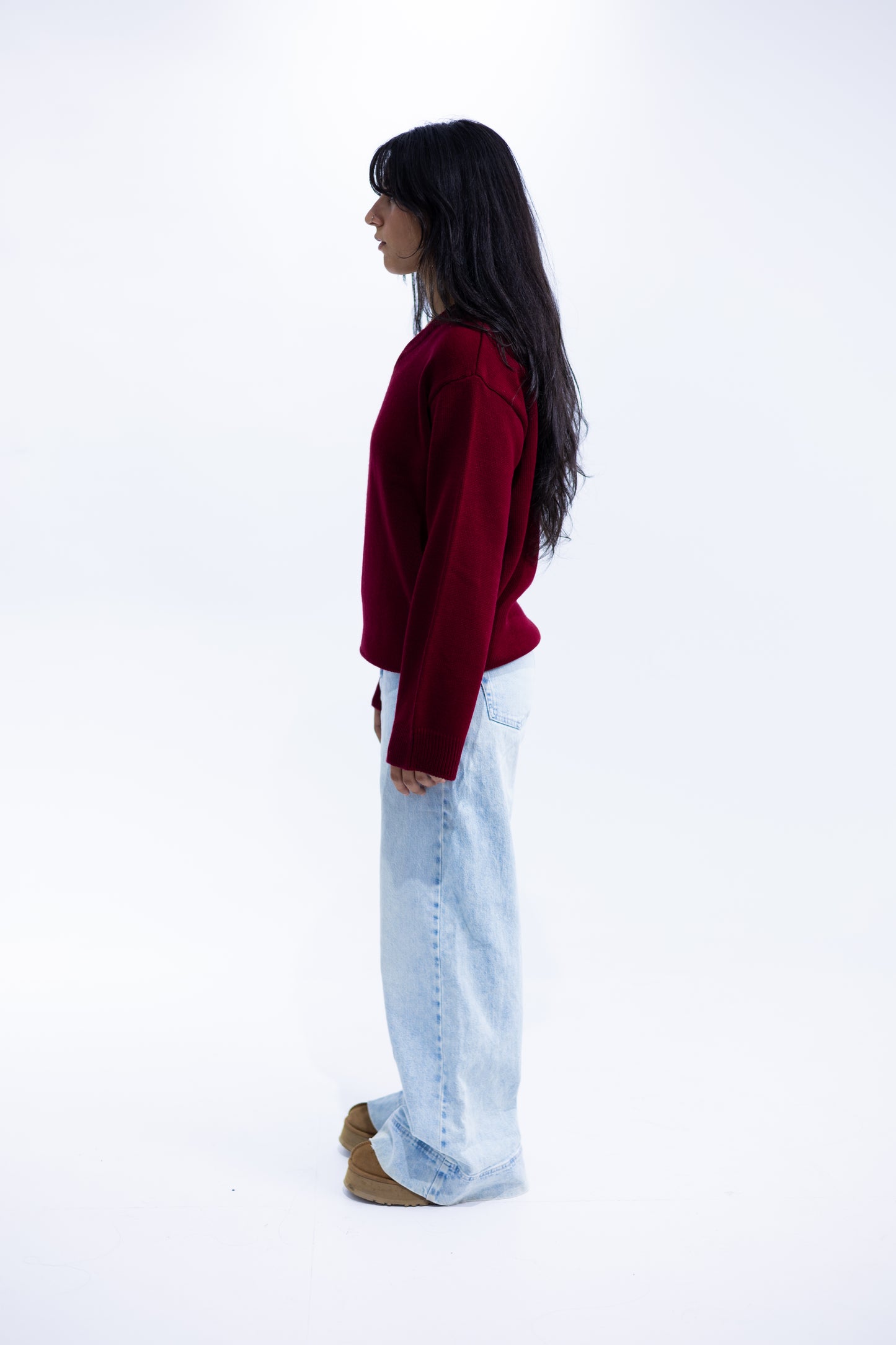Burgundy V-Neck Knit Pullover