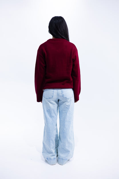 Burgundy V-Neck Knit Pullover