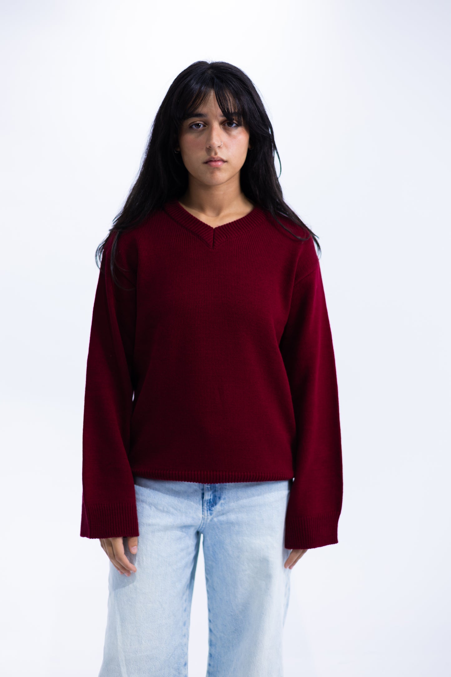 Burgundy V-Neck Knit Pullover