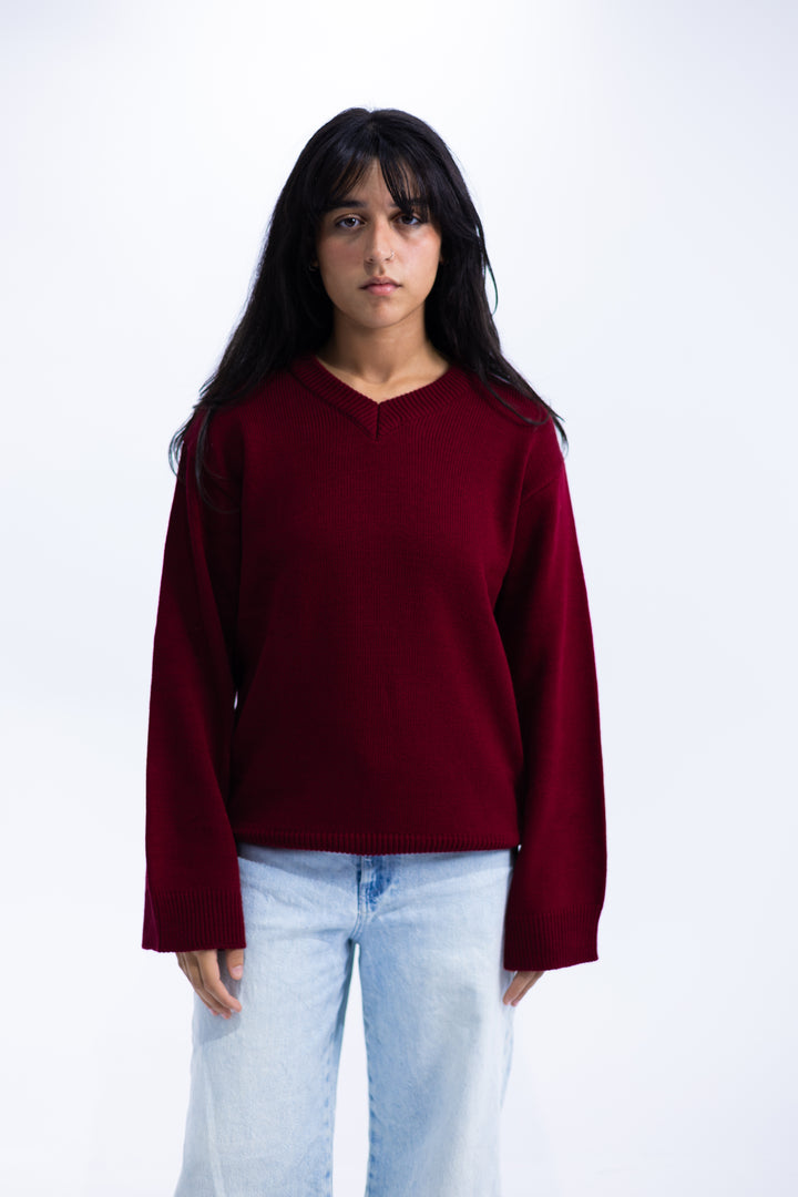 Burgundy V-Neck Knit Pullover