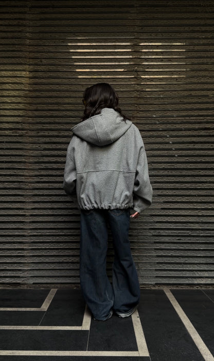 Textured Grey Full-Zip Hooded Sweater