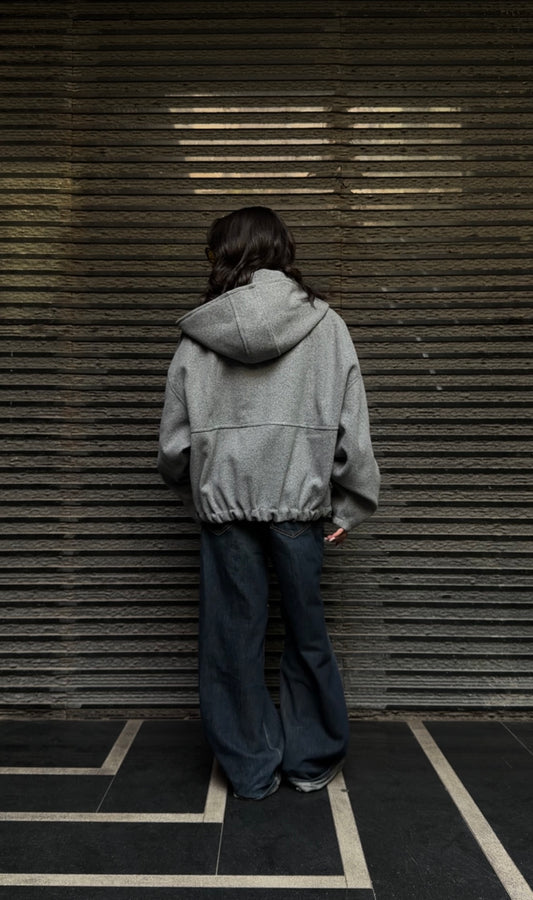 Textured Grey Full-Zip Hooded Sweater