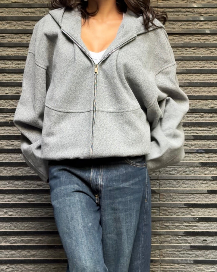 Textured Grey Full-Zip Hooded Sweater