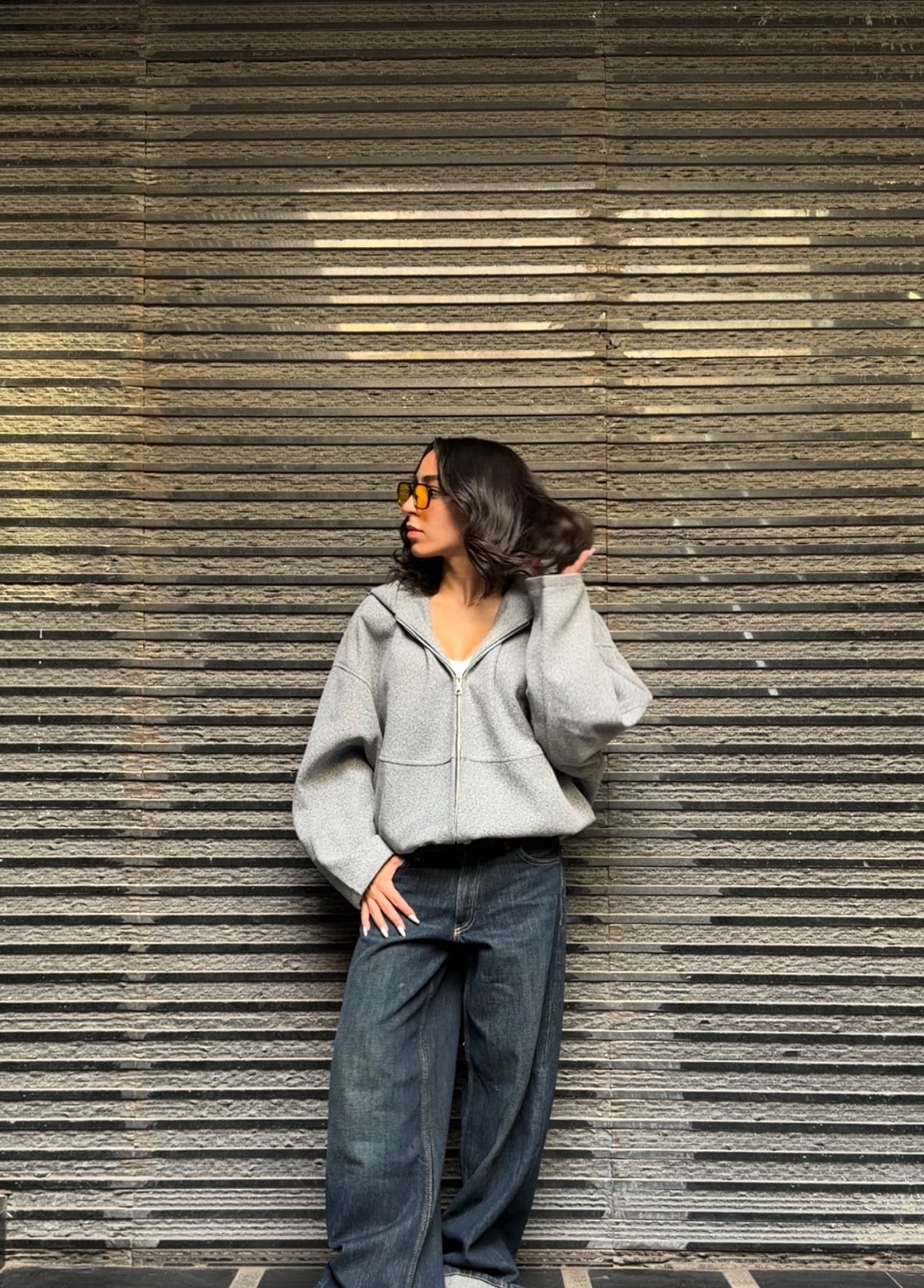 Textured Grey Full-Zip Hooded Sweater