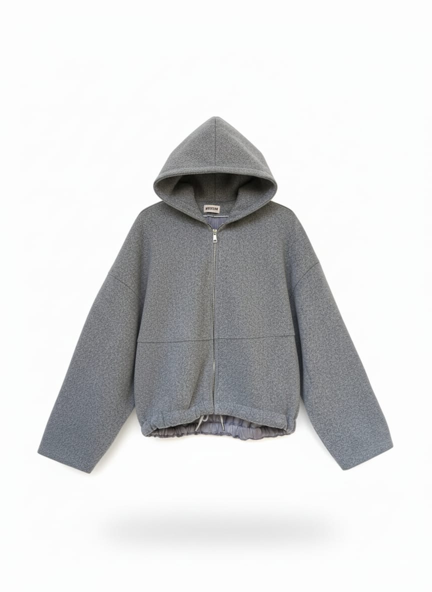 Textured Grey Full-Zip Hooded Sweater