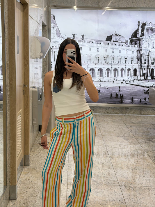 Stripe Linen Pants with Stretch Waist
