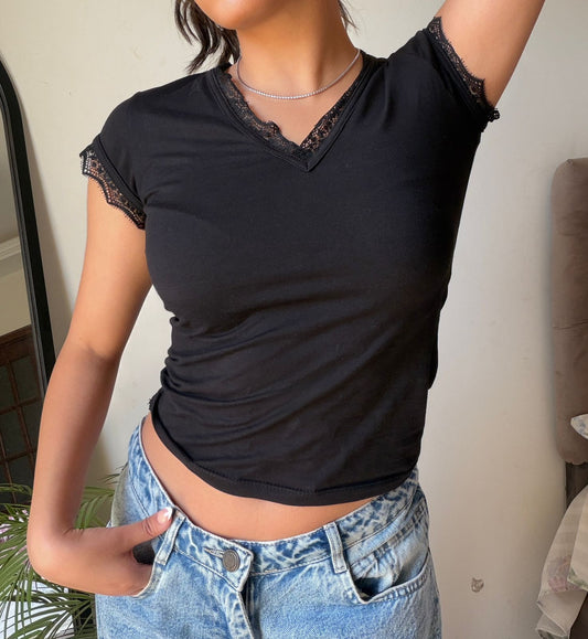 Lace V-Neck Cotton T-Shirt