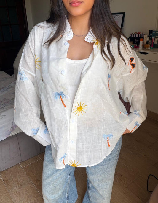 Sun & Palm Embroidered Linen Shirt