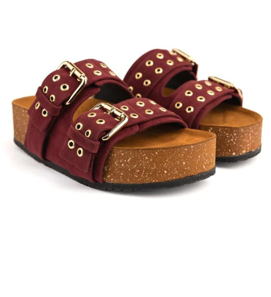 Burgundy Two-Strap Buckle Sandal