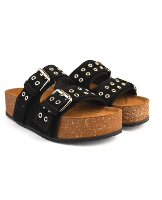 Black Two-Strap Buckle Sandal - High