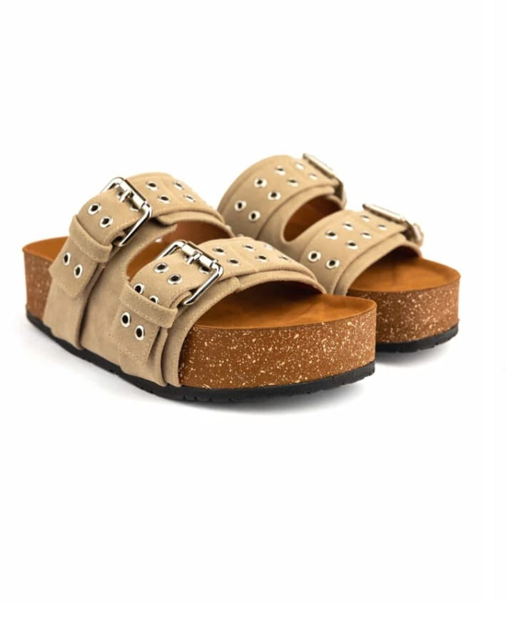 Beige Two-Strap Buckle Sandal - High