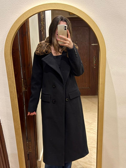 Noir Luxe Wool Coat with Fur Collar