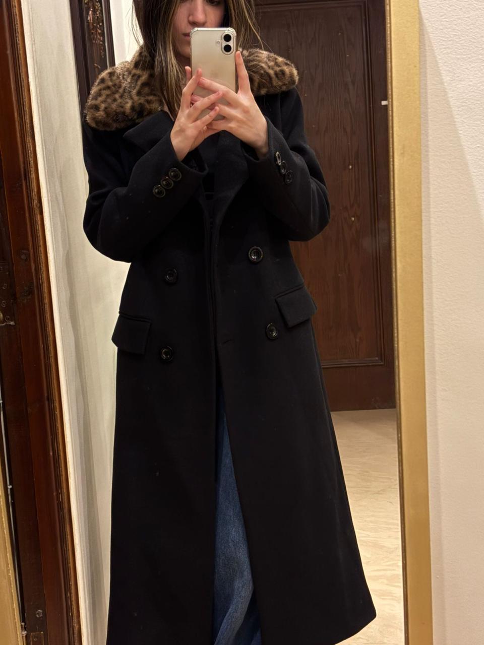 Noir Luxe Wool Coat with Fur Collar