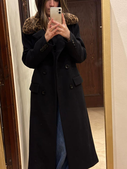 Noir Luxe Wool Coat with Fur Collar