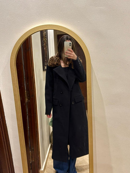 Noir Luxe Wool Coat with Fur Collar