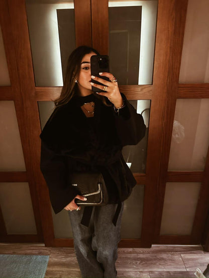 Velvet Shadow Wool-Fur Wrap Jacket