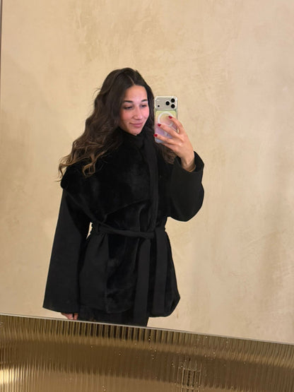 Velvet Shadow Wool-Fur Wrap Jacket