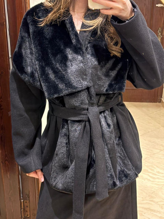 Velvet Shadow Wool-Fur Wrap Jacket