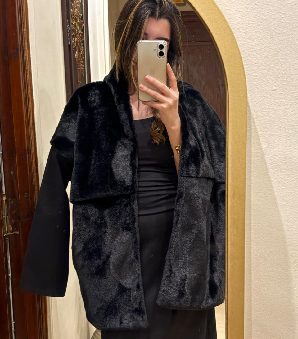 Velvet Shadow Wool-Fur Wrap Jacket